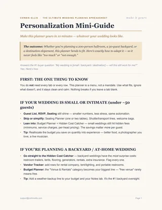 Page one of the Personalization Mini-Guide PDF, with sections for small or intimate weddings and backyard or at-home weddings