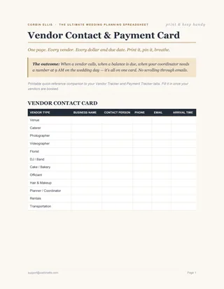 Page one of the Vendor Contact & Payment Card PDF: a printable table with an empty row for each vendor type, from venue to transportation