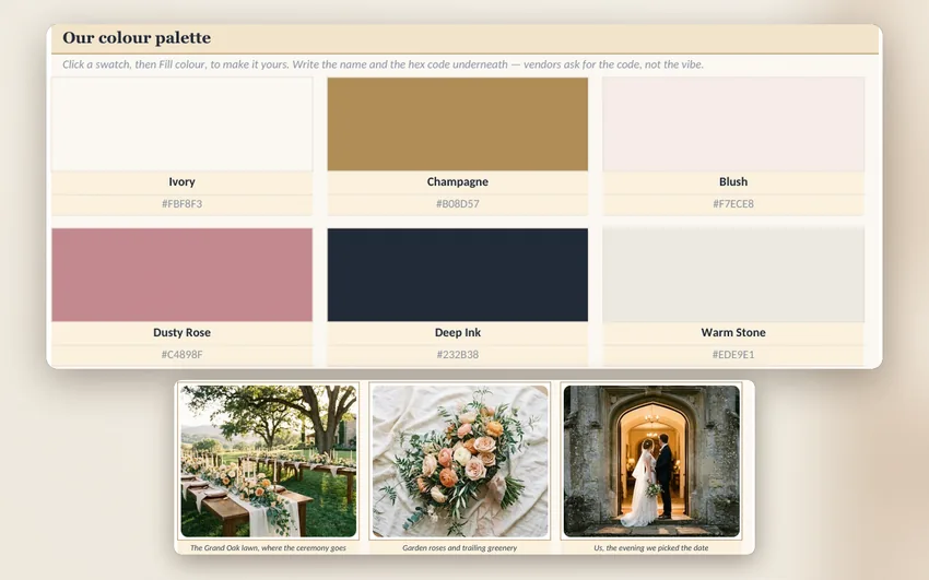 Zoomed view of the Vision Board tab: six named colour swatches — Ivory, Champagne, Blush, Dusty Rose, Deep Ink, Warm Stone — each with its hex code, and a magnified card showing the first row of the photo wall with three real wedding photographs