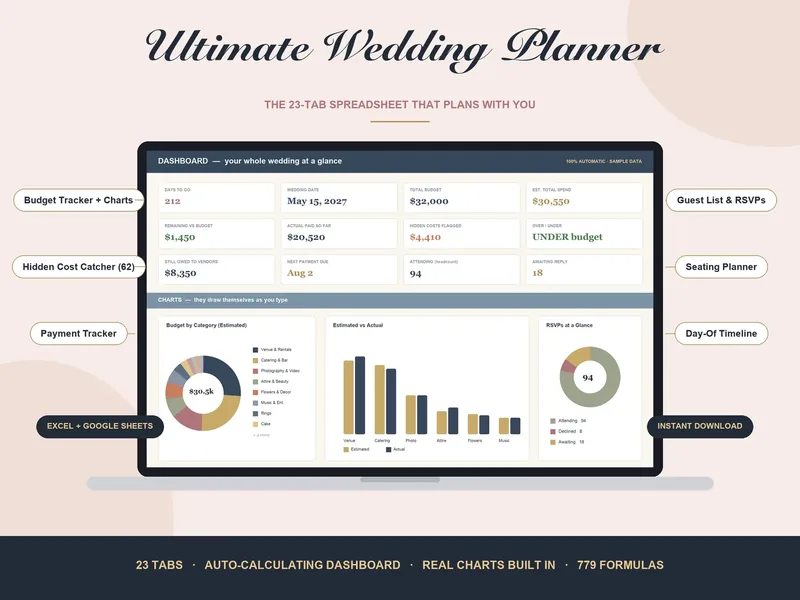 The wedding planning spreadsheet dashboard, showing budget totals and charts